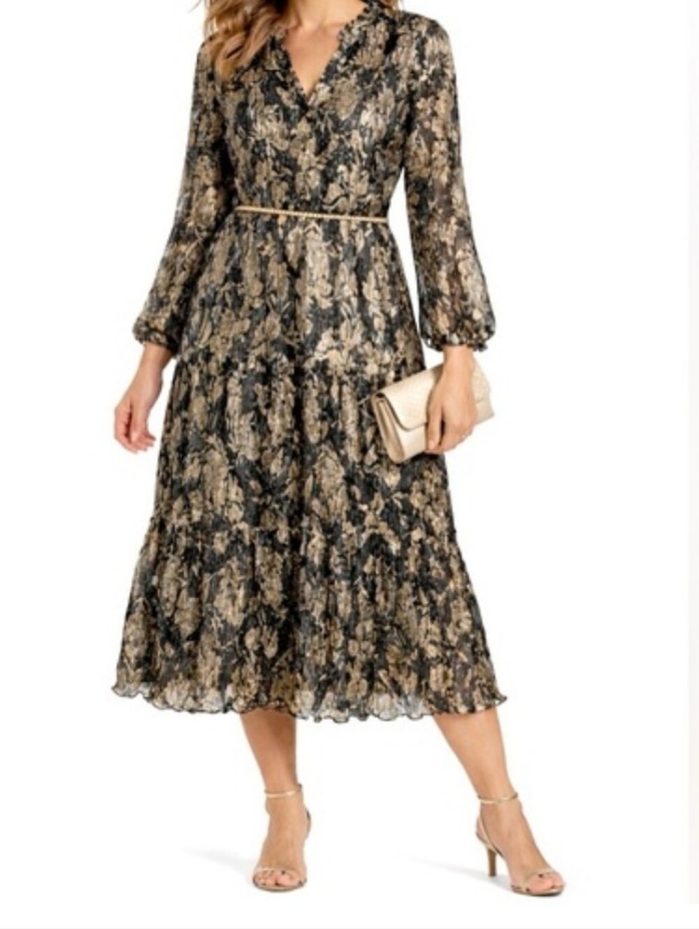 Soft Surruondings Jobelly Shimmery Floral Long Sleeve Tiered Dress